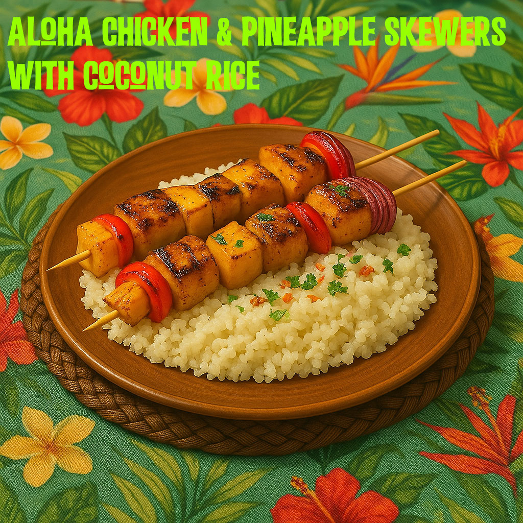 Aloha Chicken & Pineapple Skewers with Coconut Rice - Exotic Tiki Island Aloha Chicken & Pineapple Skewers with Coconut Rice - Exotic Tiki Island