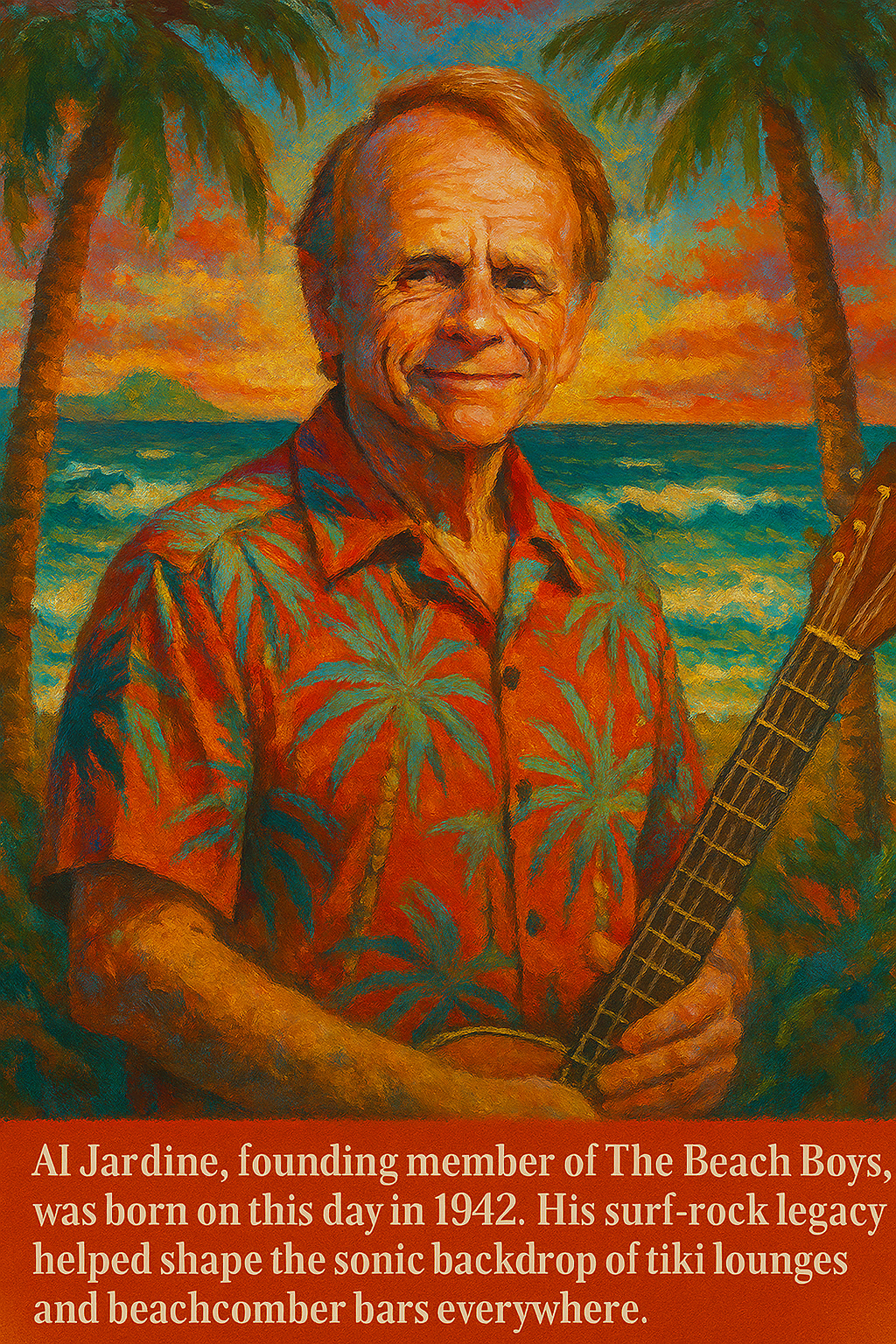 Al Jardine, founding member of The Beach Boys, was born on this day in 1942. His surf-rock legacy helped shape the sonic backdrop of tiki lounges and beachcomber bars everywhere. Al Jardine, founding member of The Beach Boys, was born on this day in 1942. His surf-rock legacy helped shape the sonic backdrop of tiki lounges and beachcomber bars everywhere.