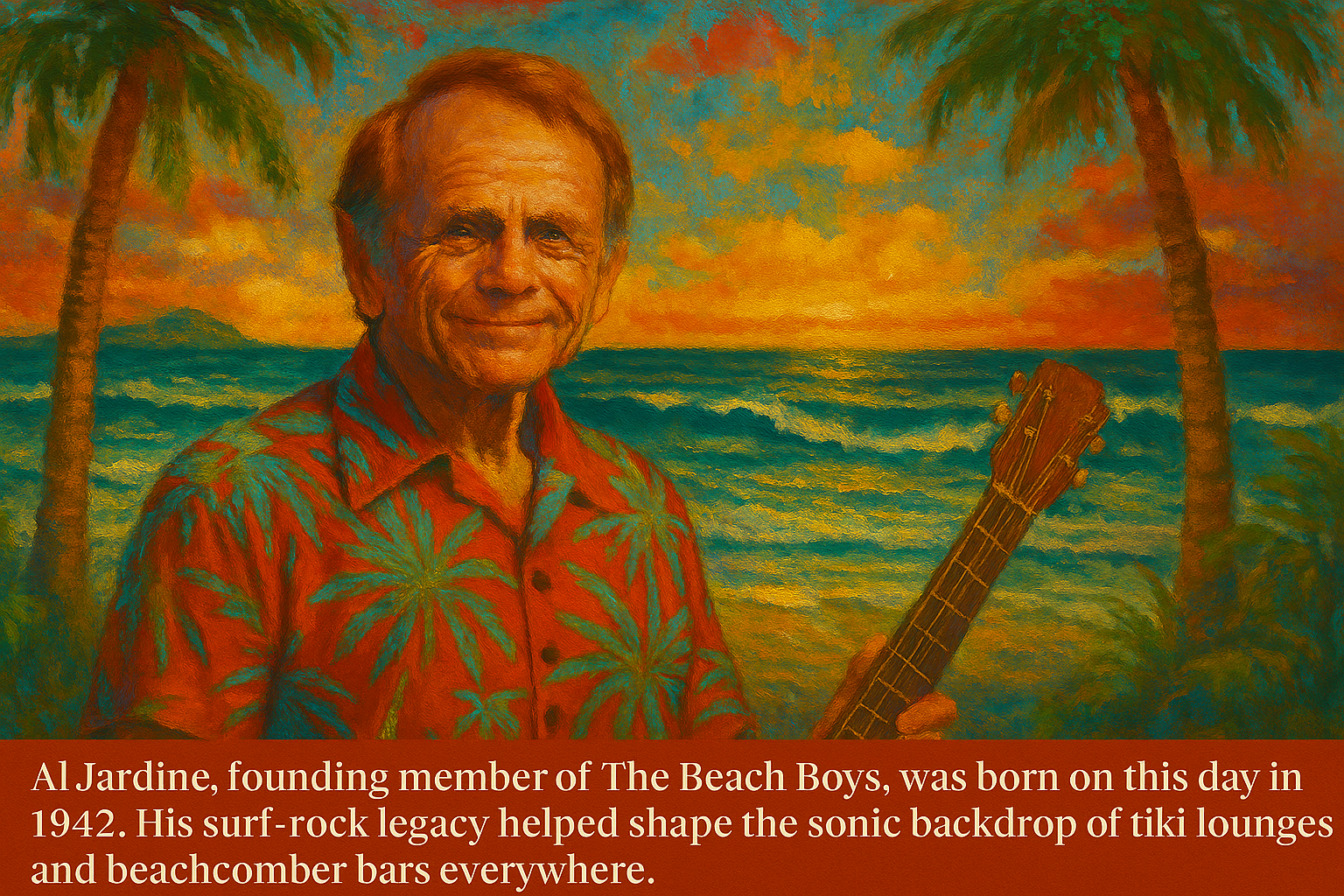 Al Jardine, founding member of The Beach Boys, was born on this day in 1942. His surf-rock legacy helped shape the sonic backdrop of tiki lounges and beachcomber bars everywhere.