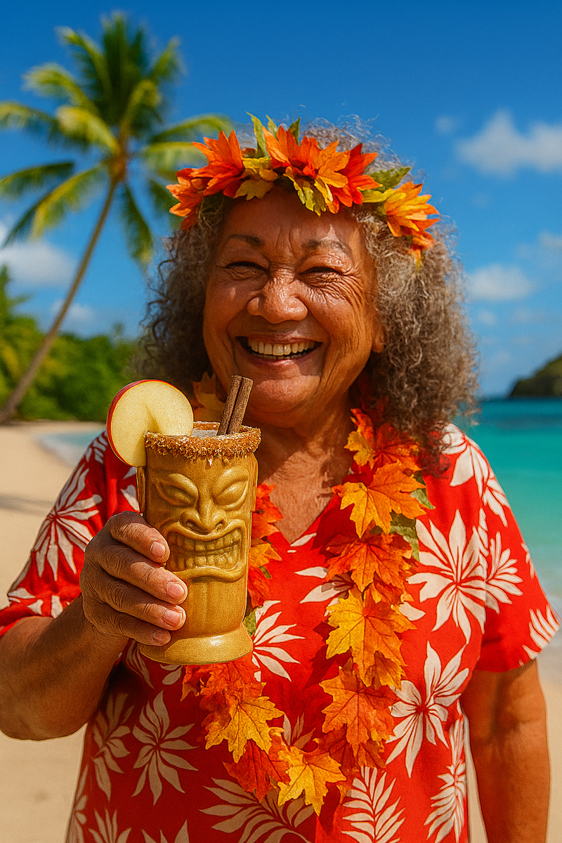 Auntie Nani holding her famous Mahalo Harvest Hug Mocktail Auntie Nani holding her famous Mahalo Harvest Hug Mocktail