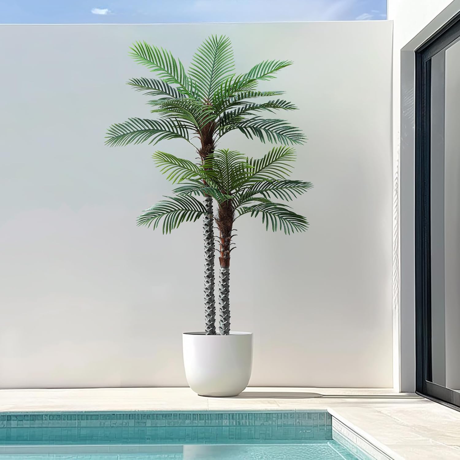  8ft Tall UV Resistant Faux Palm Tree, 96in Artificial Indoor Outdoor with Real Bark and Realistic Leaves. 