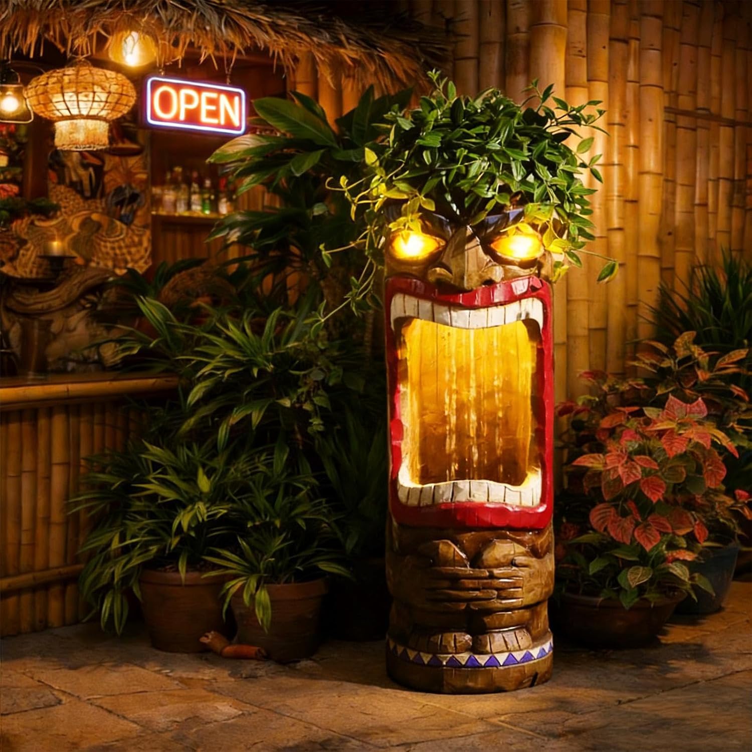  31”H Tiki Water Fountain with LED Light.  Features Cascading Waterfall. Indoor/Outdoor. 