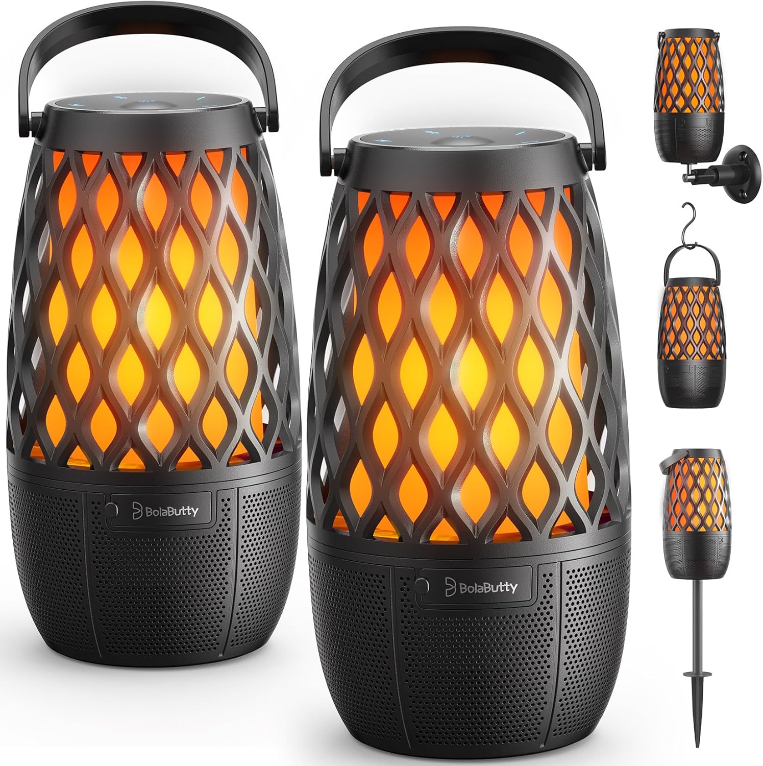  Tiki torch/lantern style bluetooth speakers (set of 2) with flame effect led lighting. Features multi-sync (up to 100 speakers) 
