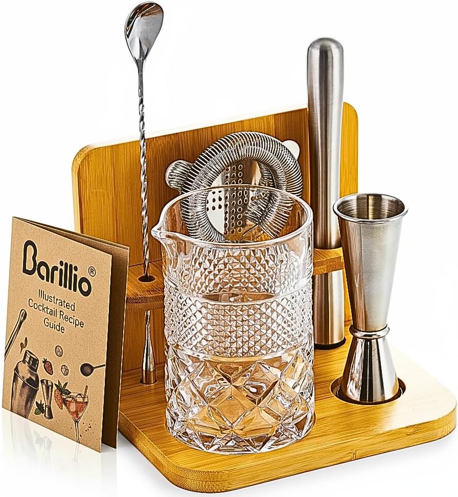 Barillio 24oz Crystal Cocktail Mixing Glass Set – Lead‑Free Stirring Pitcher with Bamboo Stand, Strainer, Jigger, Muddler & Mixing Spoon Barillio 24oz Crystal Cocktail Mixing Glass Set – Lead‑Free Stirring Pitcher with Bamboo Stand, Strainer, Jigger, Muddler & Mixing Spoon