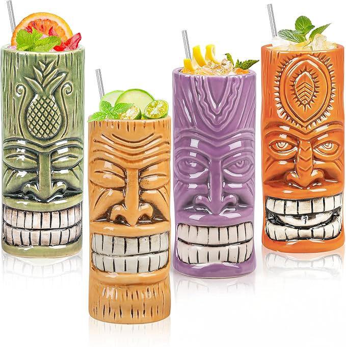 Hawaiian Tiki Mugs (Set of 4). Premium Ceramic for exotic cocktails. Also includes 4 stainless steel straws. Hawaiian Tiki Mugs (Set of 4). Premium Ceramic for exotic cocktails. Also includes 4 stainless steel straws.